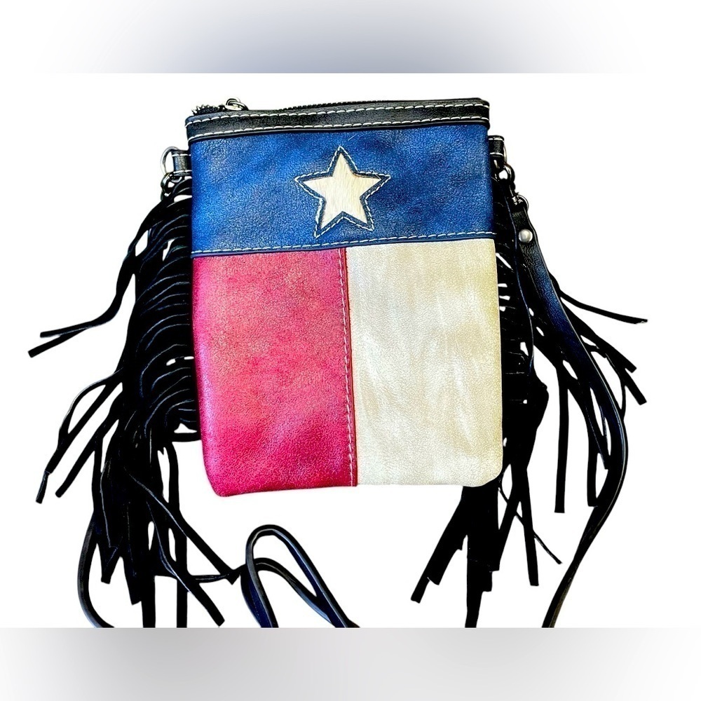 P&G Western Faux Leather Fringed Messenger Bag Texas Flag